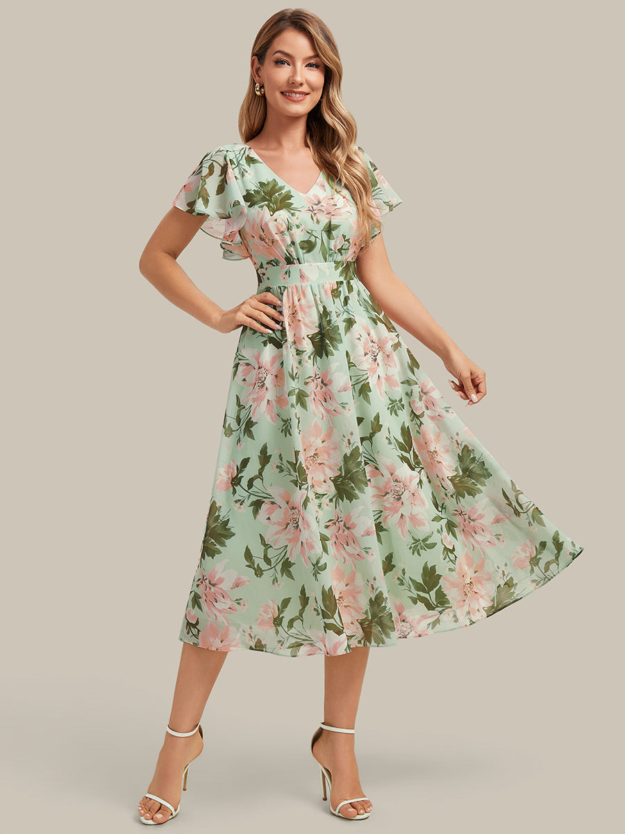 Mary - Chiffon Ruffle Sleeve A-Line Dress