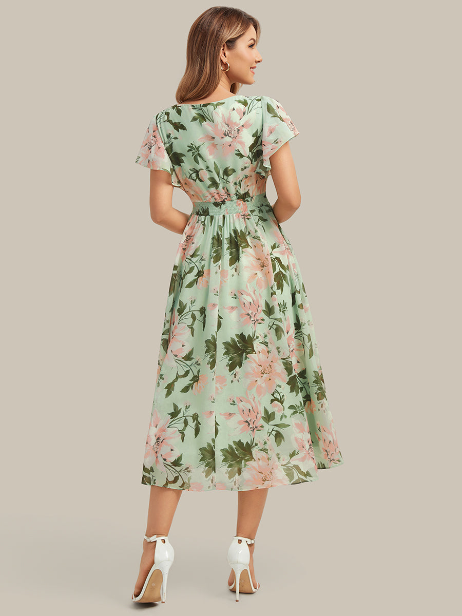 Mary - Chiffon Ruffle Sleeve A-Line Dress