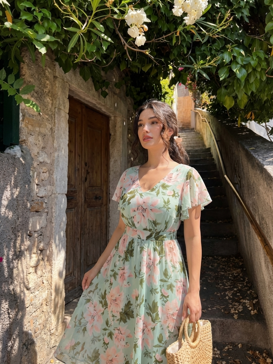 Mary - Chiffon Ruffle Sleeve A-Line Dress