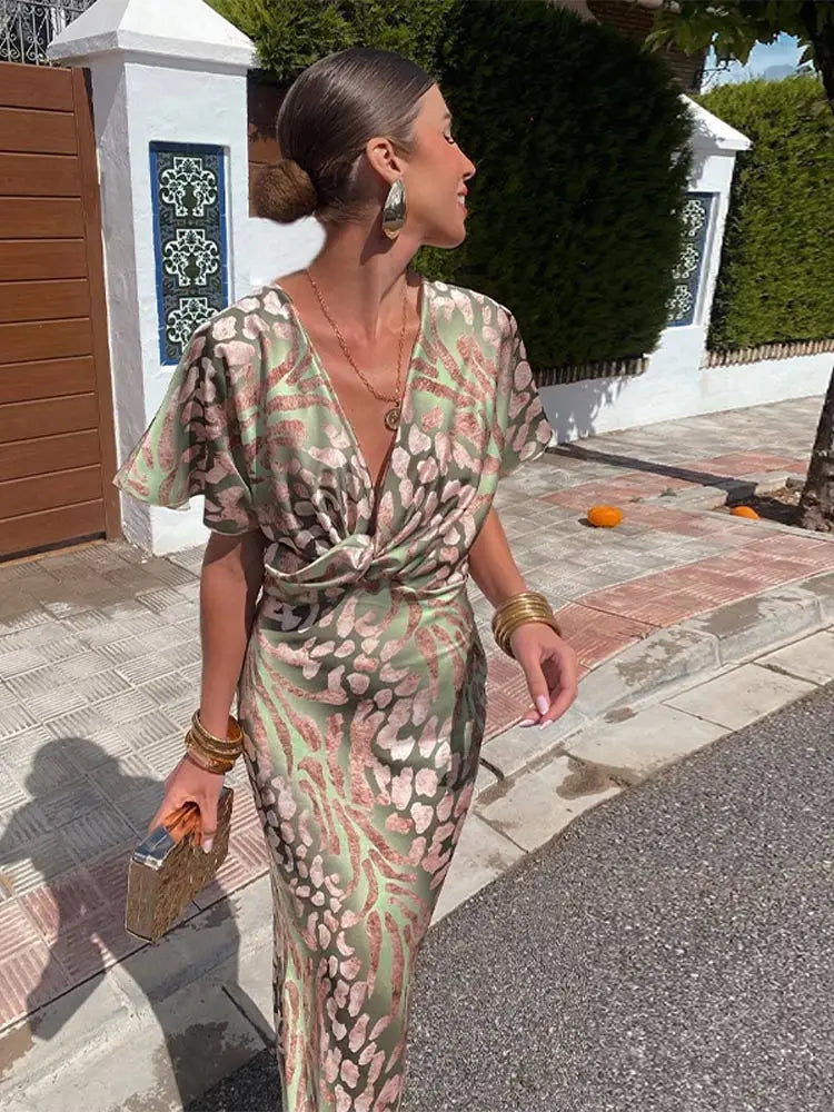 Clarandra™ | Copper Twist-Knot Midi Dress