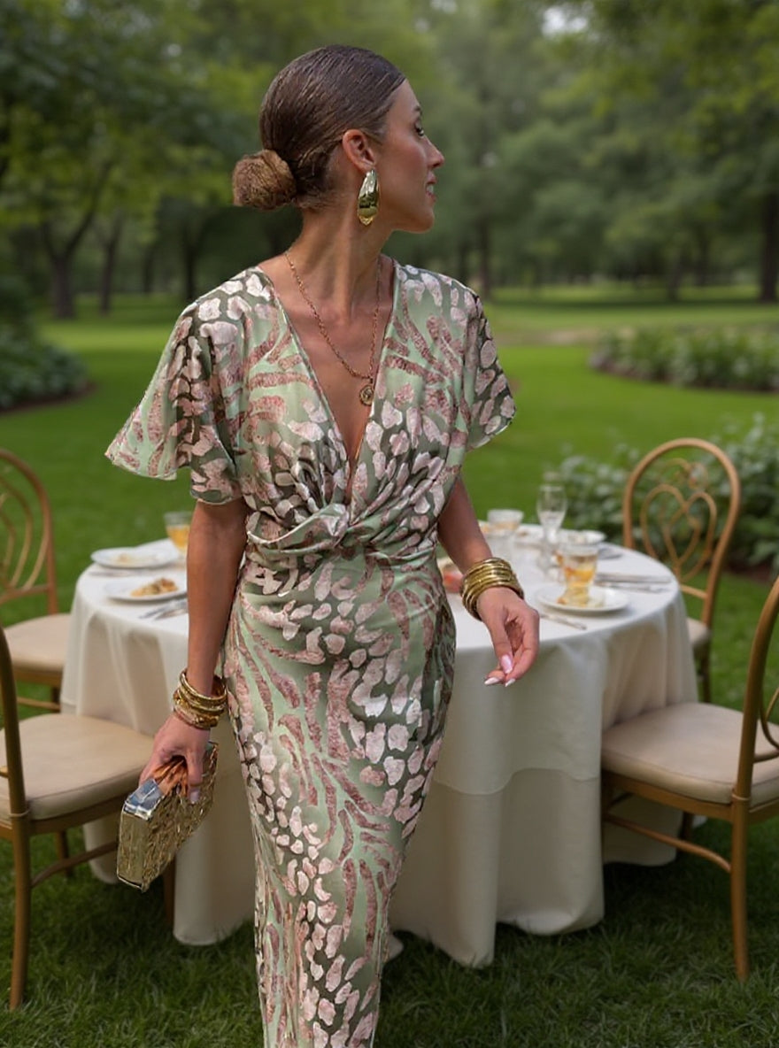 Clarandra™ | Copper Twist-Knot Midi Dress