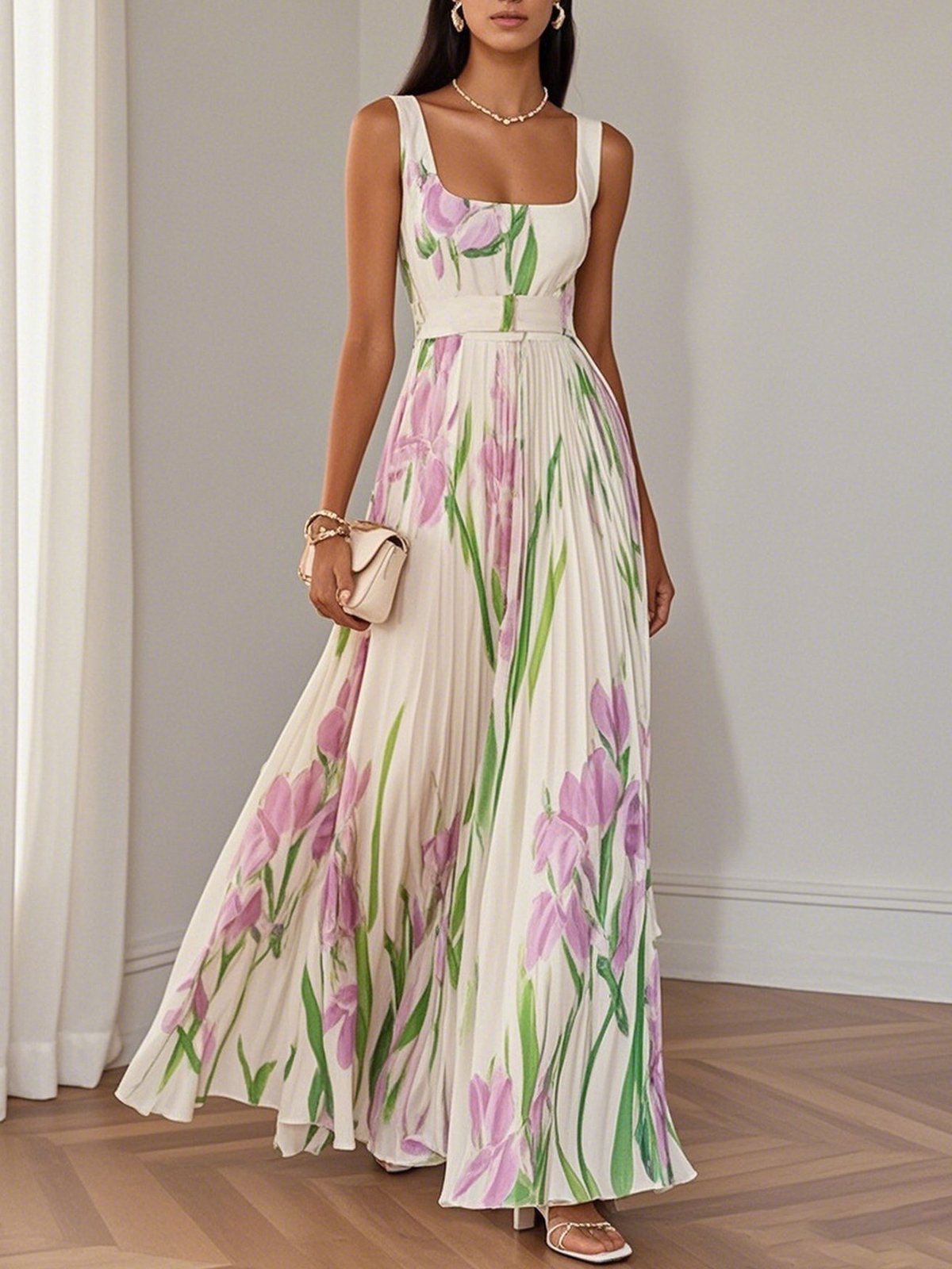 Ophelia - Mouwloze Midi-jurk met Vierkante Hals en Bloemenprint