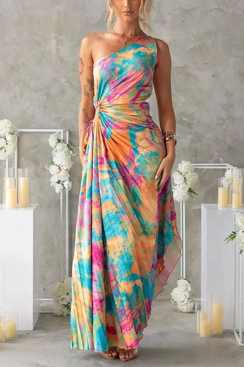 Taya - Eén Schouder Plissé Corsage Midi Jurk