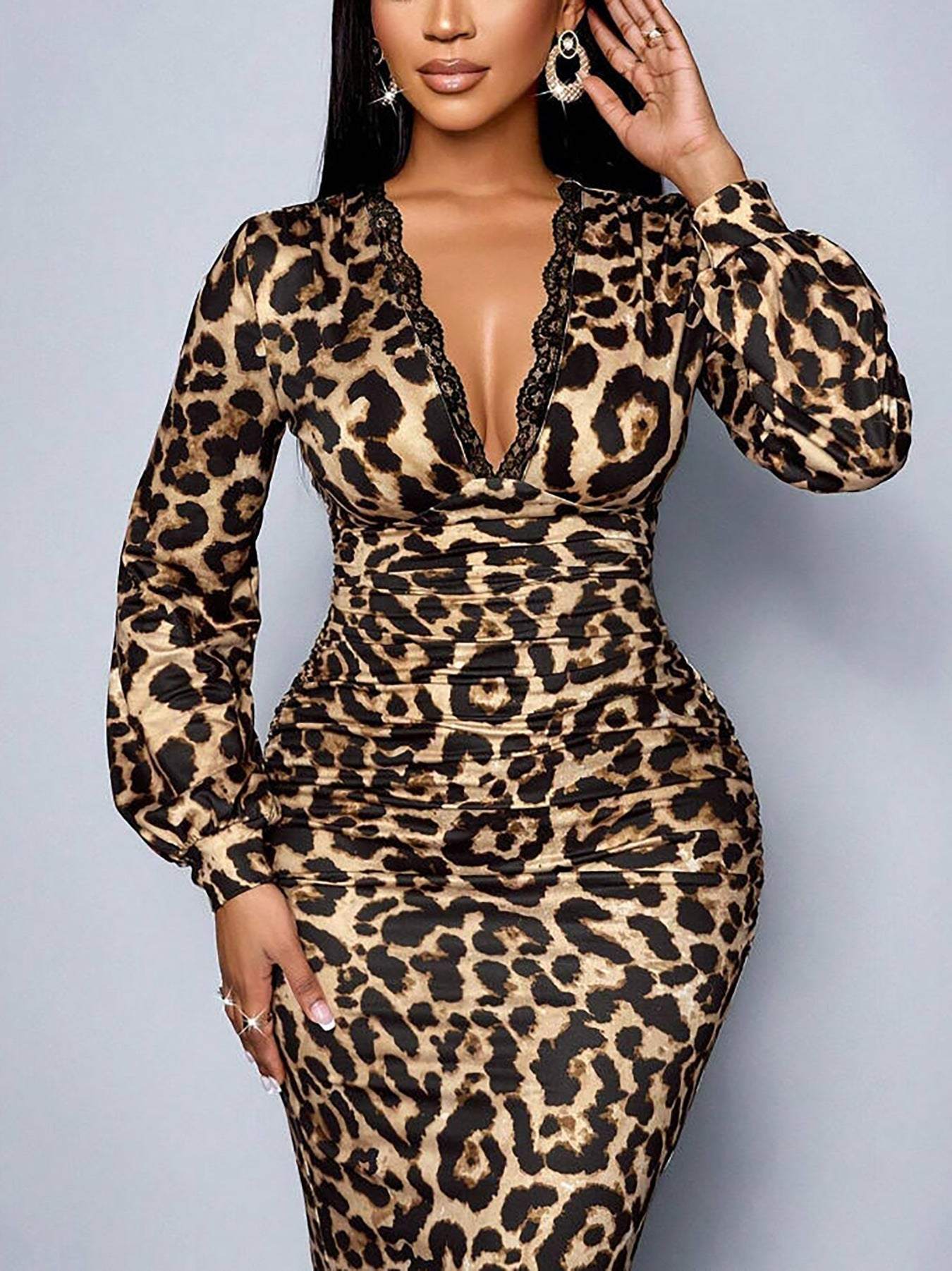 Selena- Leopard print long-sleeved slit V-neck maxi dress