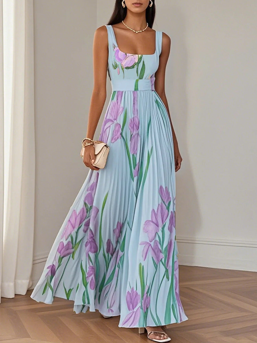 Ophelia - Mouwloze Midi-jurk met Vierkante Hals en Bloemenprint