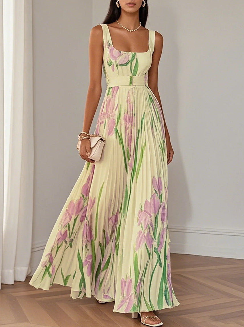 Ophelia - Mouwloze Midi-jurk met Vierkante Hals en Bloemenprint