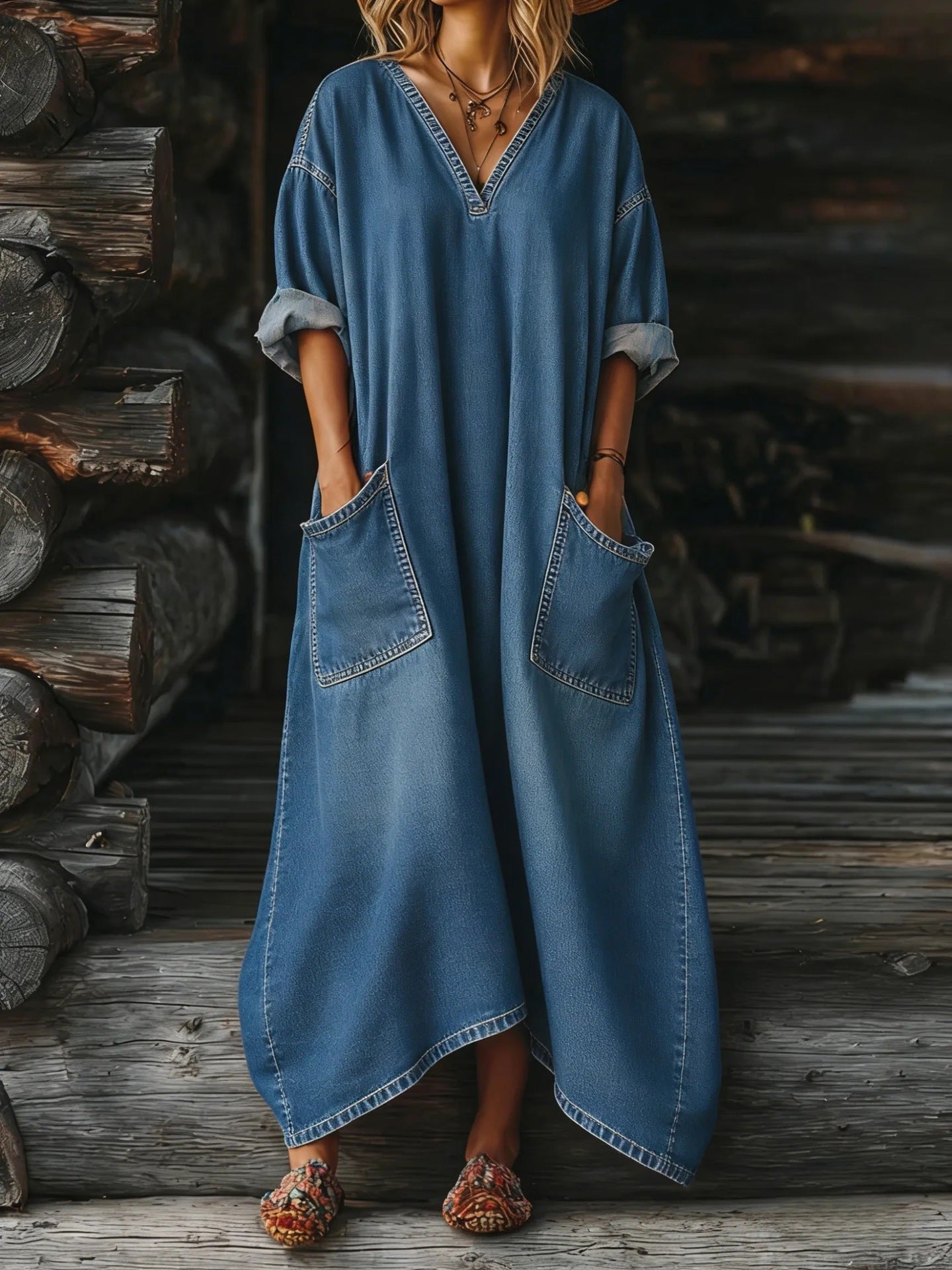 Vivienne™ | Denim Balloon-Sleeve Maxi Dress