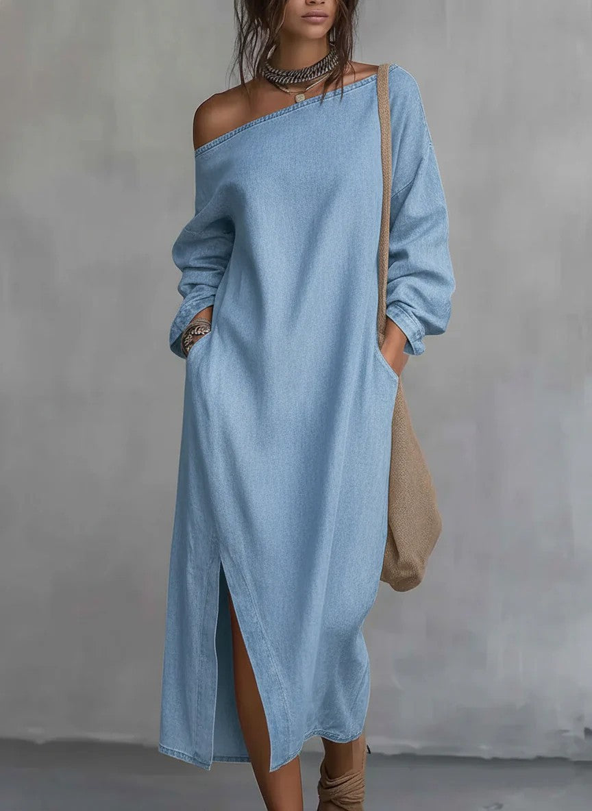 Vivienne™ | Denim Balloon-Sleeve Maxi Dress