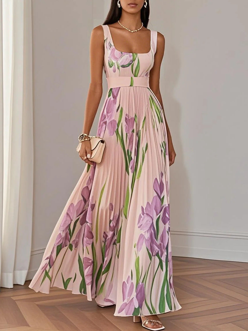 Ophelia - Mouwloze Midi-jurk met Vierkante Hals en Bloemenprint