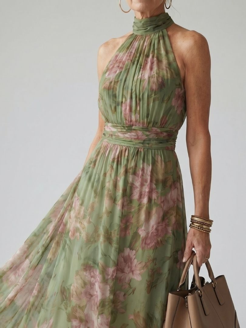 Mirelle - Geplooide Halter Midi Jurk