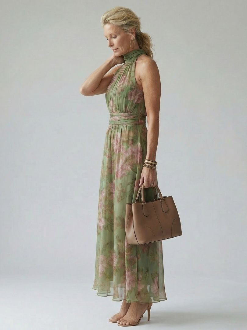 Mirelle - Geplooide Halter Midi Jurk