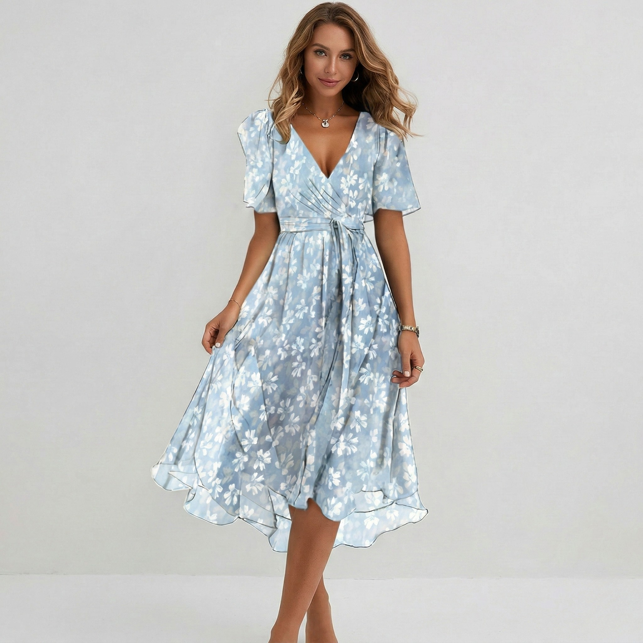 Floral Print Wrap Tiered Midi Dress – Wedding Guest