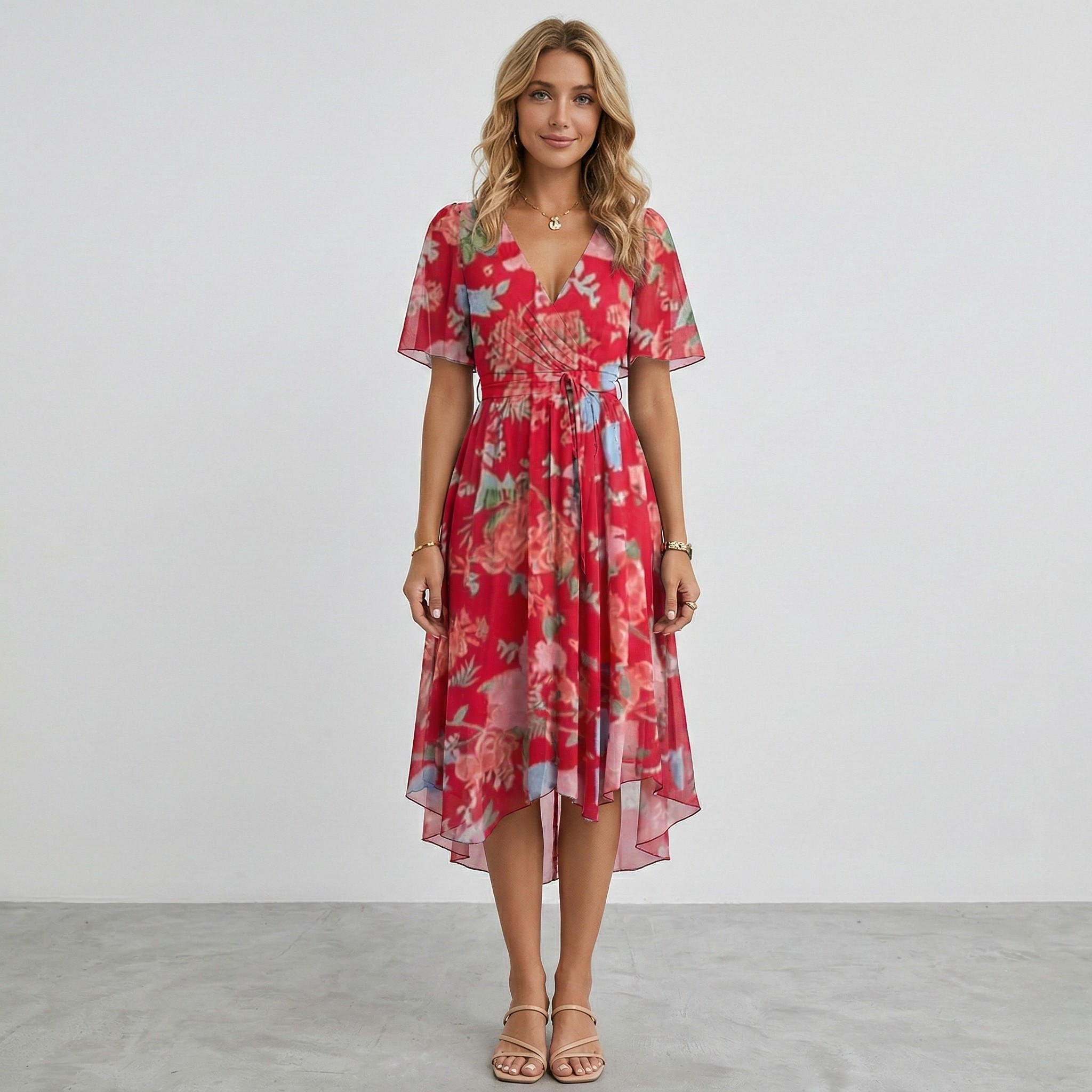 Floral Print Wrap Tiered Midi Dress – Wedding Guest