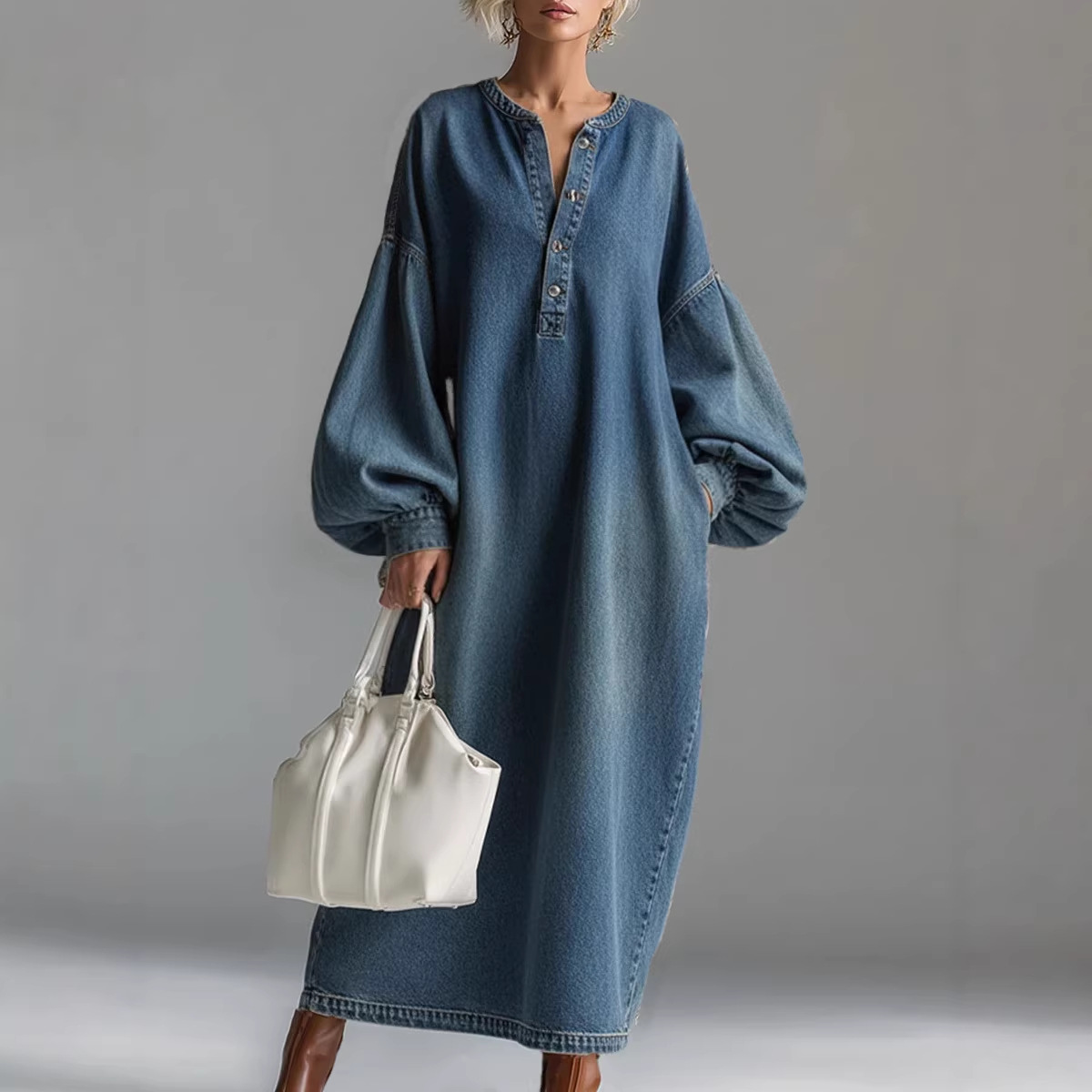 Vivienne™ | Denim Balloon-Sleeve Maxi Dress