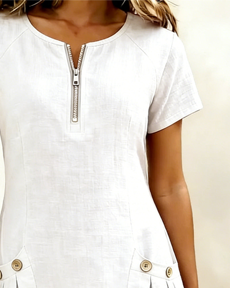 Zara | Cotton Linen A-Line Dress with Zip Pocket