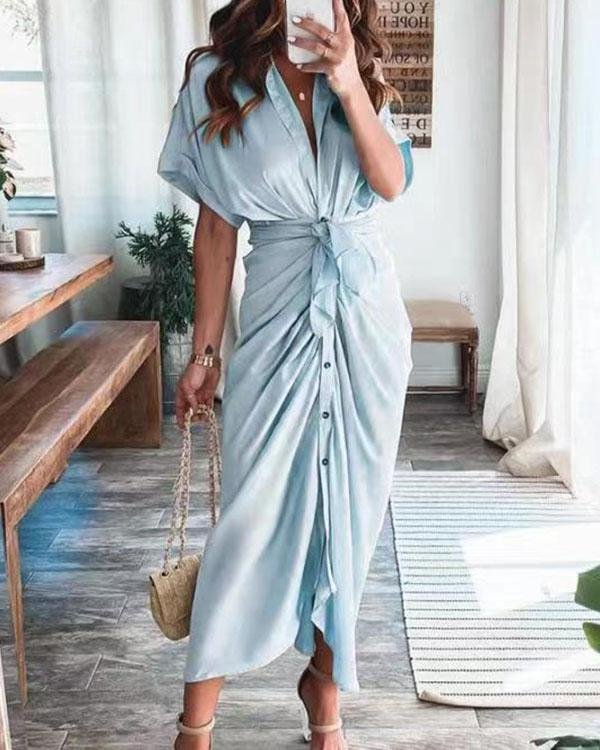 Satin Ruffle Front Wrap Shirt Dress