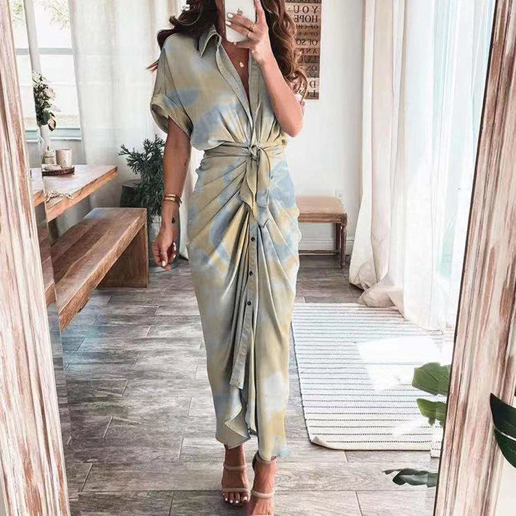 Satin Ruffle Front Wrap Shirt Dress