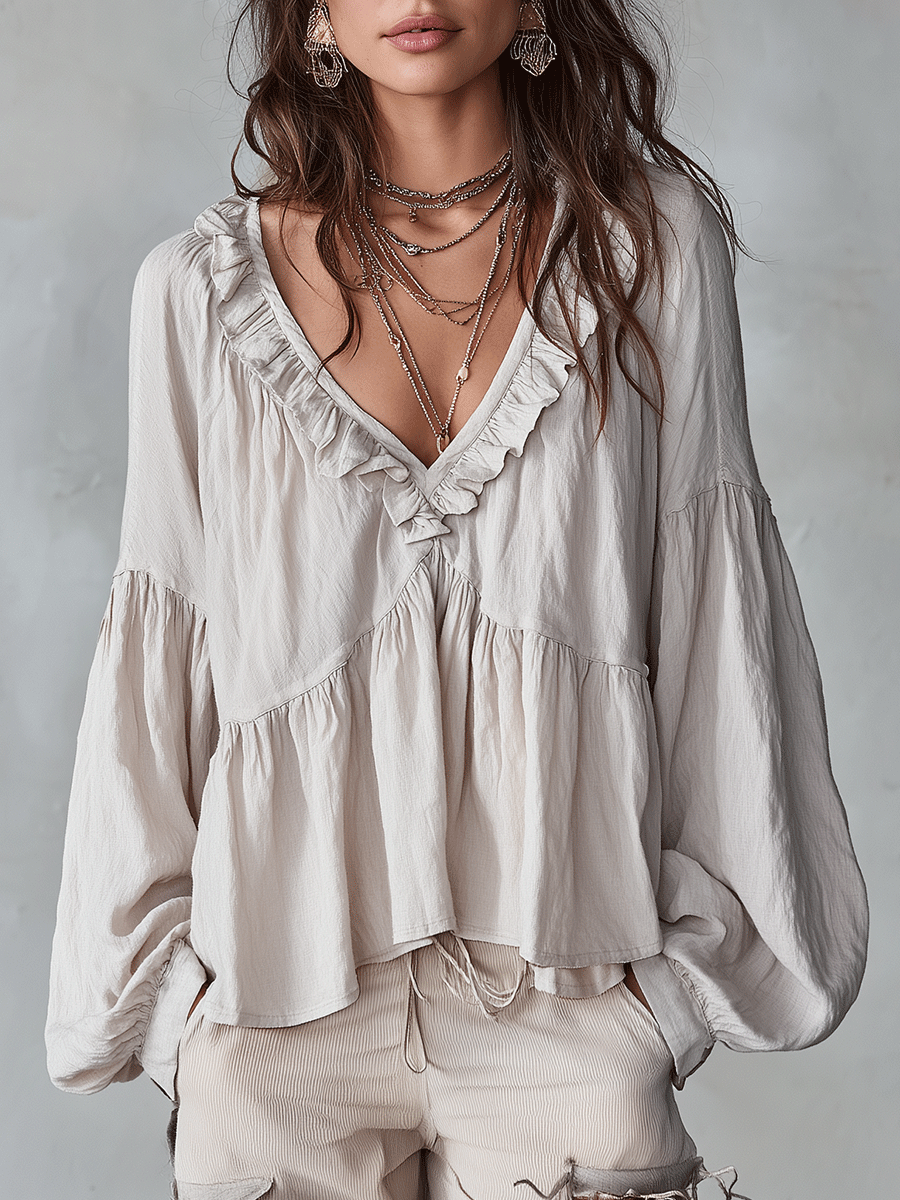 Airy - Vintage-Inspired Ruffle Soft Ruffle Bohemian Blouse