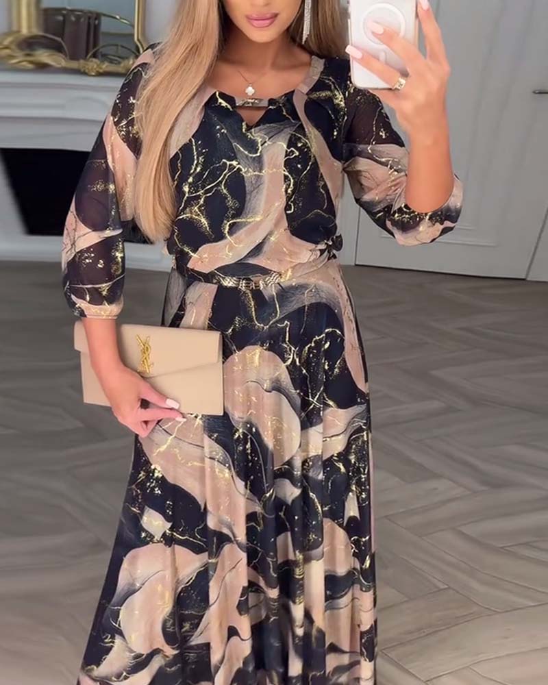 Rosy | Elegant Three-Quarter Sleeve Printed Waist Dress