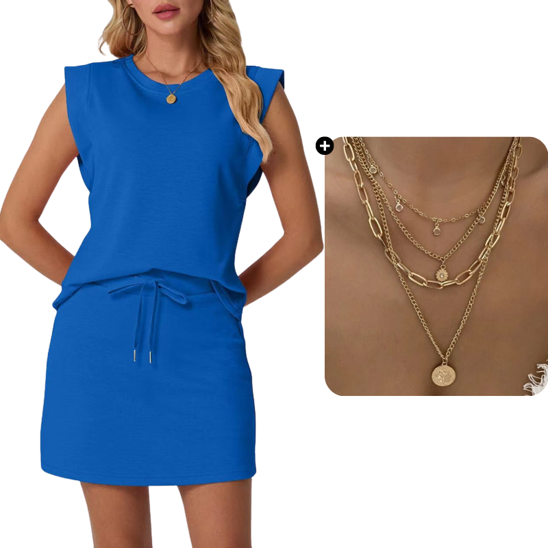 Set bestaande uit een moderne mouwloze top en een rok met trekkoord