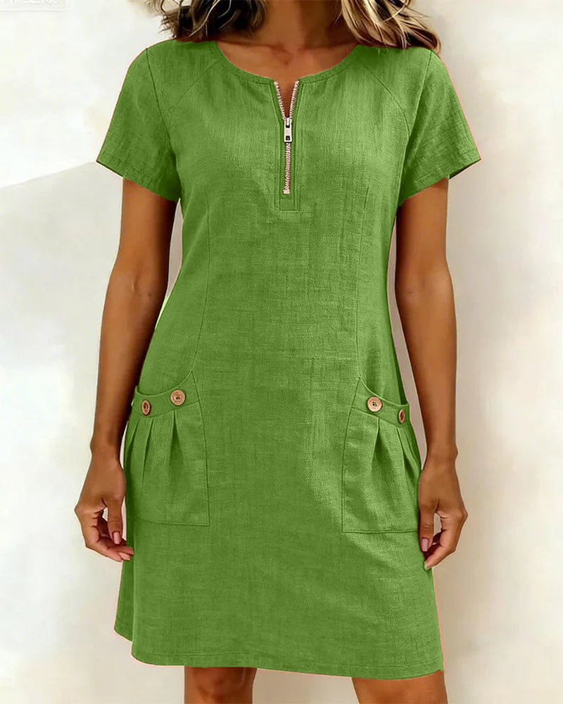 Zara | Cotton Linen A-Line Dress with Zip Pocket