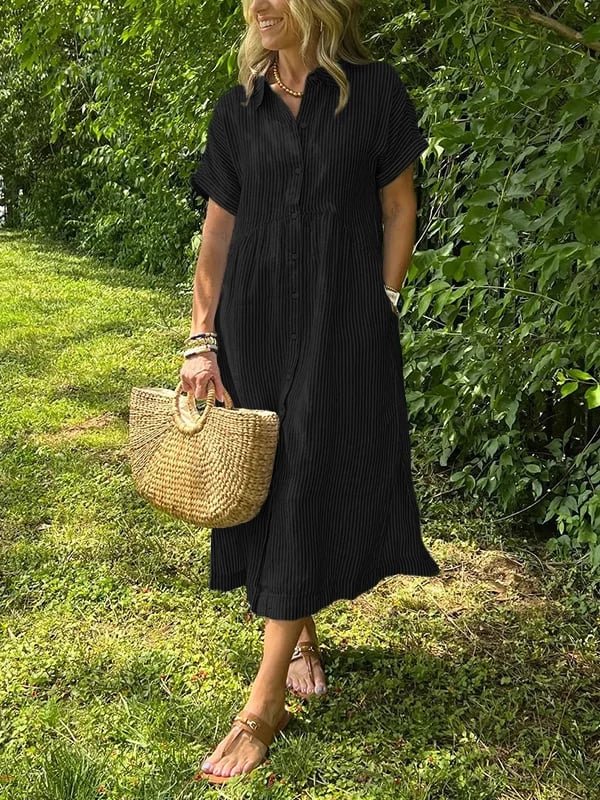 Sandy - Striped Lapel Button Down Shirt Dress