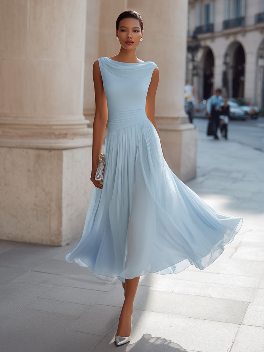 Draped Neck Sleeveless Pleated Midi Dress – Occasion