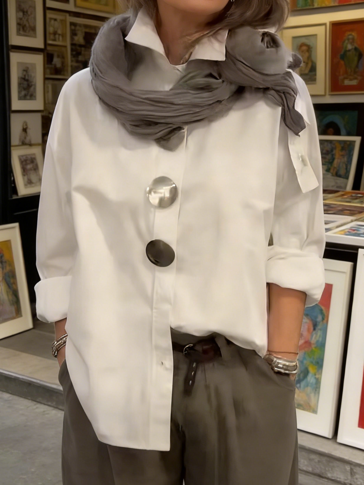 Rosaline™ | Silver Button Stand Collar Blouse