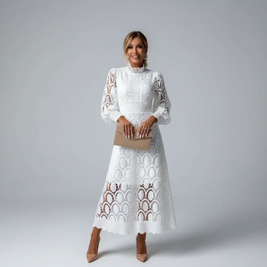Long Sleeve Lace Midi Dress – High Neck Wedding Guest Dress