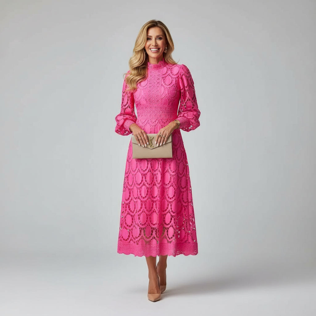 Long Sleeve Lace Midi Dress – High Neck Wedding Guest Dress