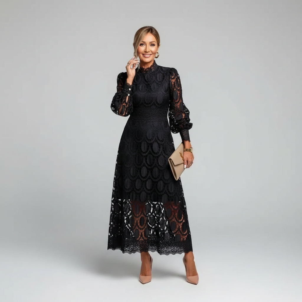 Long Sleeve Lace Midi Dress – High Neck Wedding Guest Dress