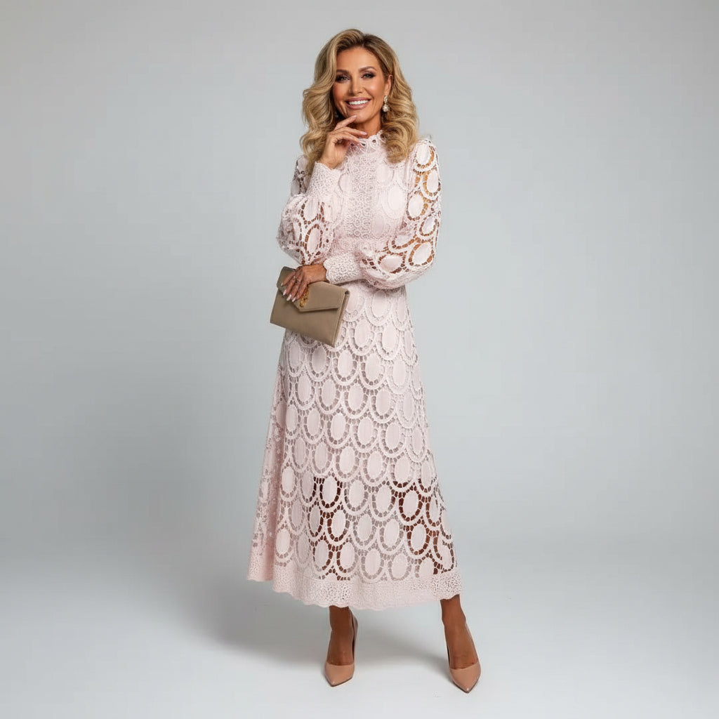 Long Sleeve Lace Midi Dress – High Neck Wedding Guest Dress