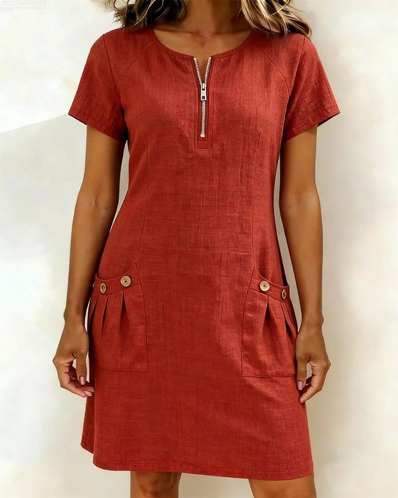 Zara | Cotton Linen A-Line Dress with Zip Pocket