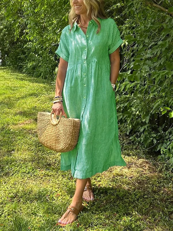 Sandy - Striped Lapel Button Down Shirt Dress