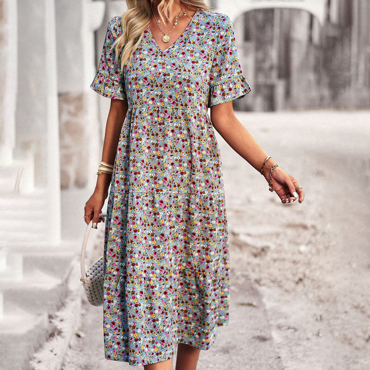 Floral V-Neck Ruffle Sleeve A-Line Wedding Guest Midi Dress