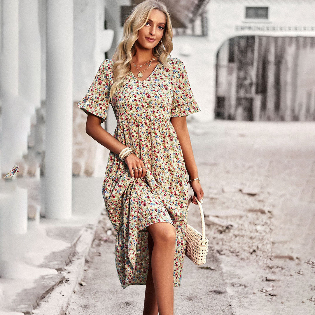 Floral V-Neck Ruffle Sleeve A-Line Wedding Guest Midi Dress