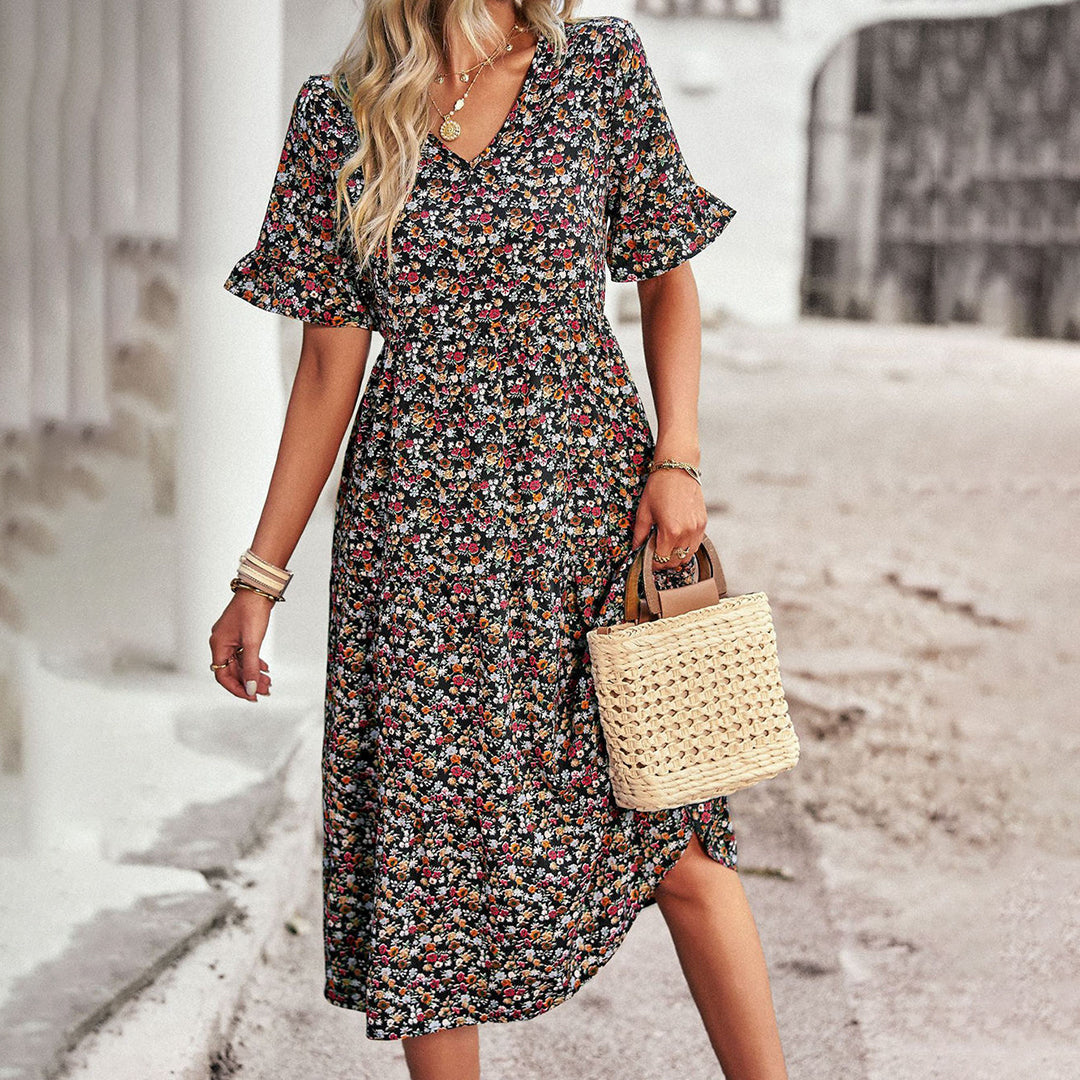 Floral V-Neck Ruffle Sleeve A-Line Wedding Guest Midi Dress