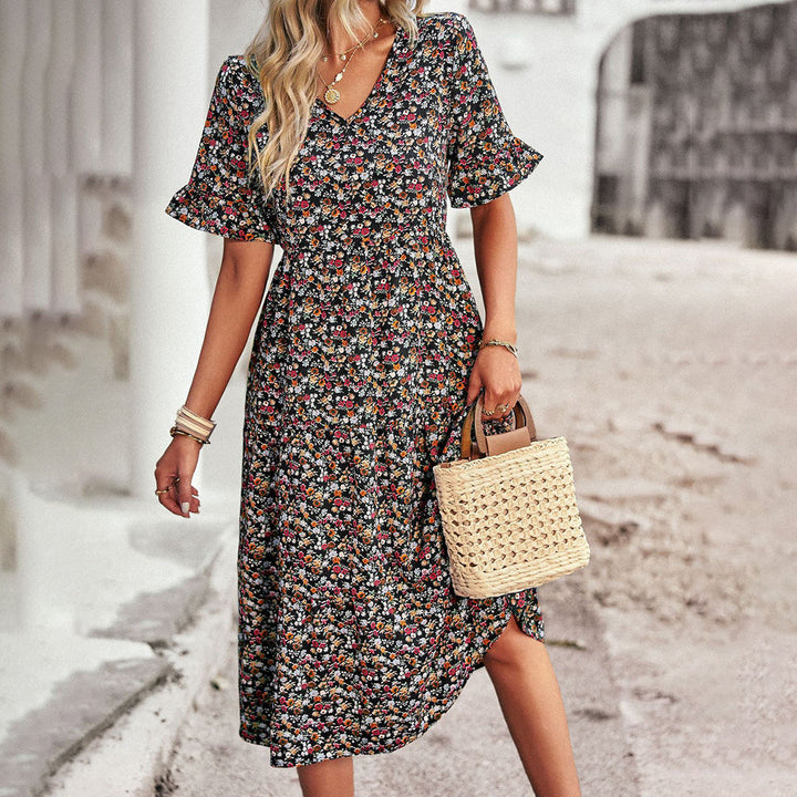 Floral V-Neck Ruffle Sleeve A-Line Wedding Guest Midi Dress