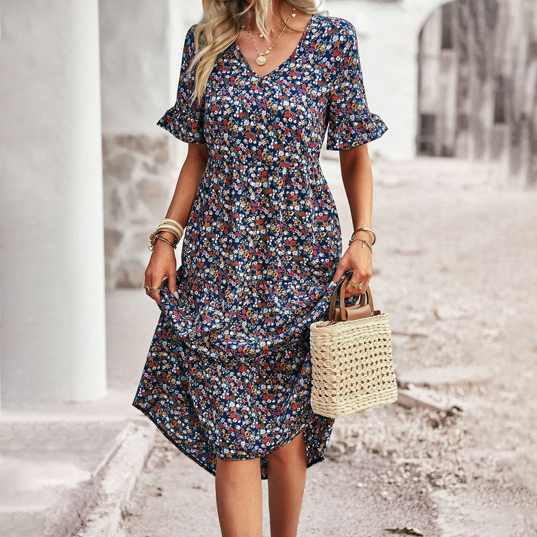 Floral V-Neck Ruffle Sleeve A-Line Wedding Guest Midi Dress