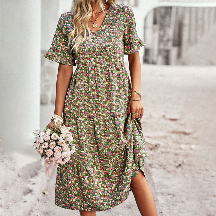 Floral V-Neck Ruffle Sleeve A-Line Wedding Guest Midi Dress