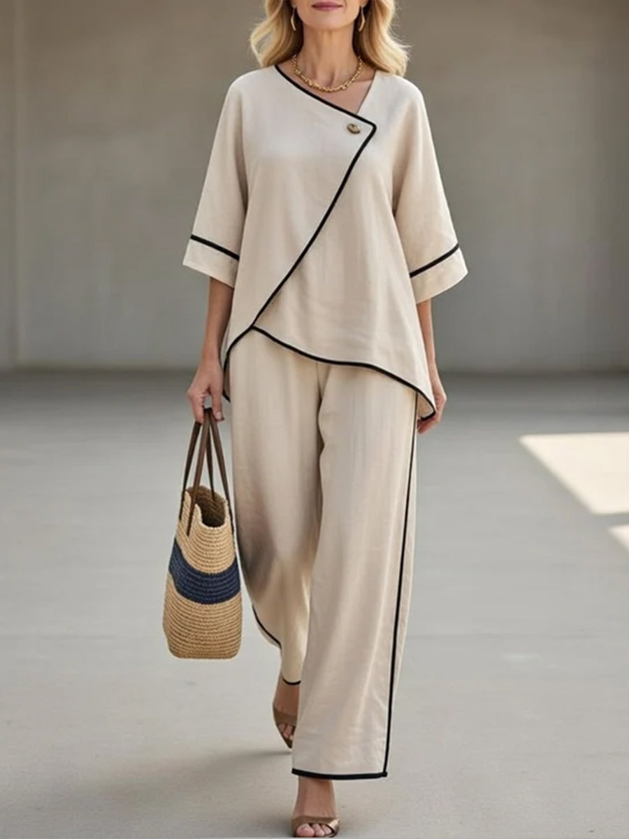 Inez - Casual Black Linen And Cotton Asymmetrical Collar Top And Pants Set