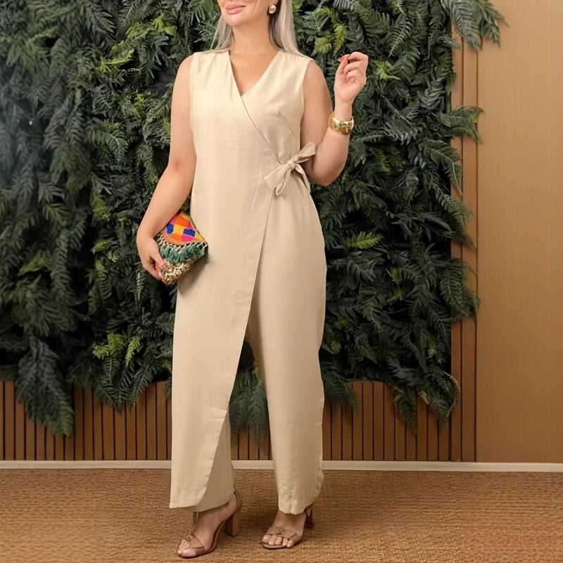 Jackie | Casual V-Neck Tie Waist Solid Color Jumpsuit
