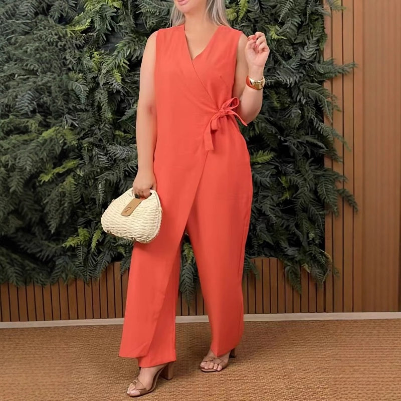 Jackie | Casual V-Neck Tie Waist Solid Color Jumpsuit