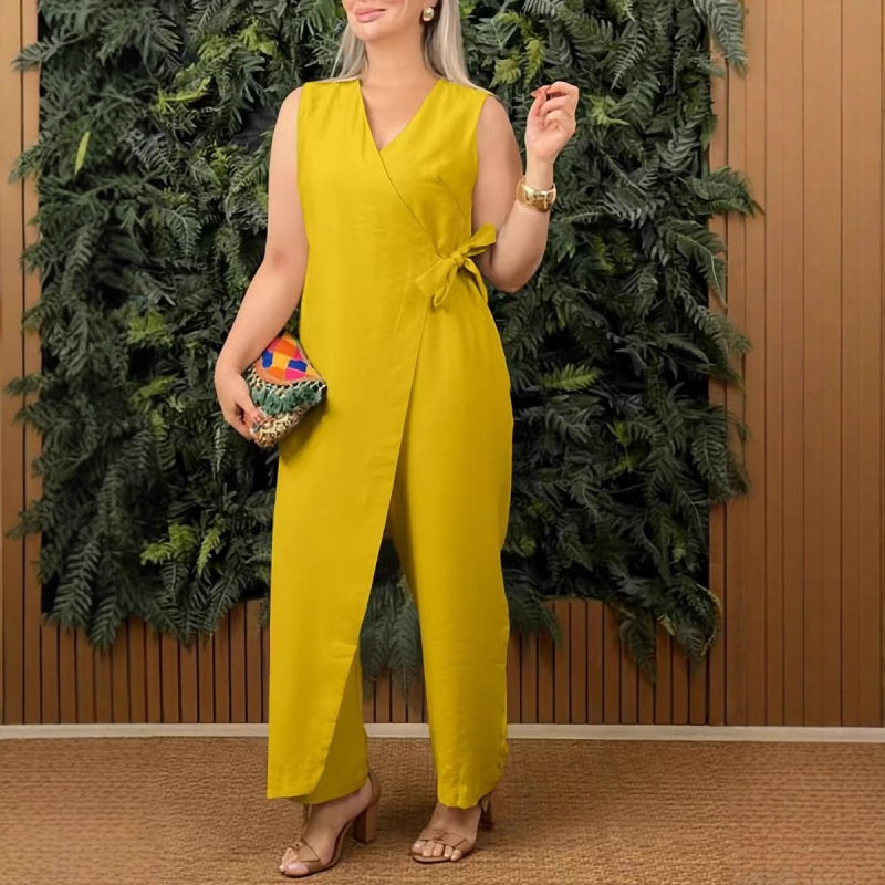 Jackie | Casual V-Neck Tie Waist Solid Color Jumpsuit