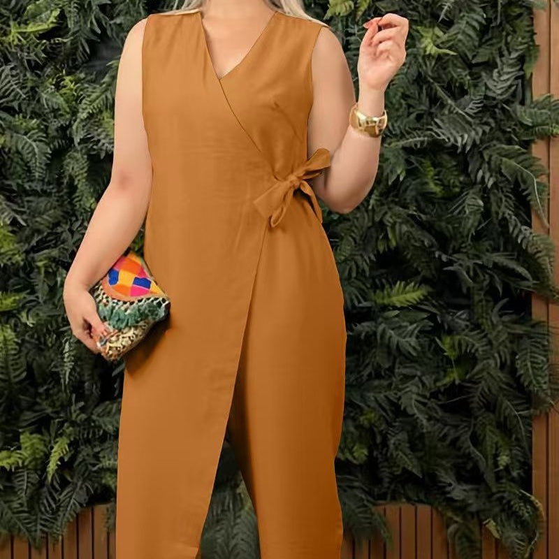 Jackie | Casual V-Neck Tie Waist Solid Color Jumpsuit