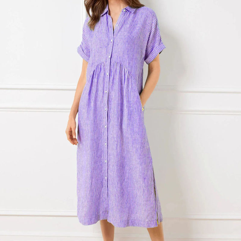Sandy - Striped Lapel Button Down Shirt Dress