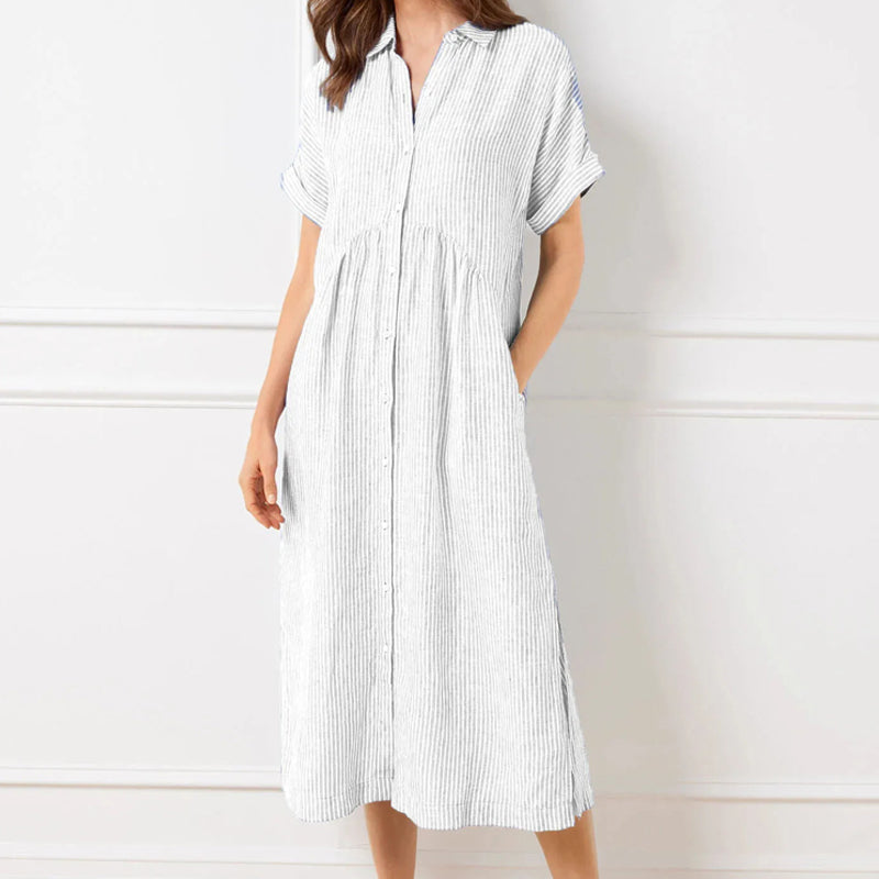 Sandy - Striped Lapel Button Down Shirt Dress