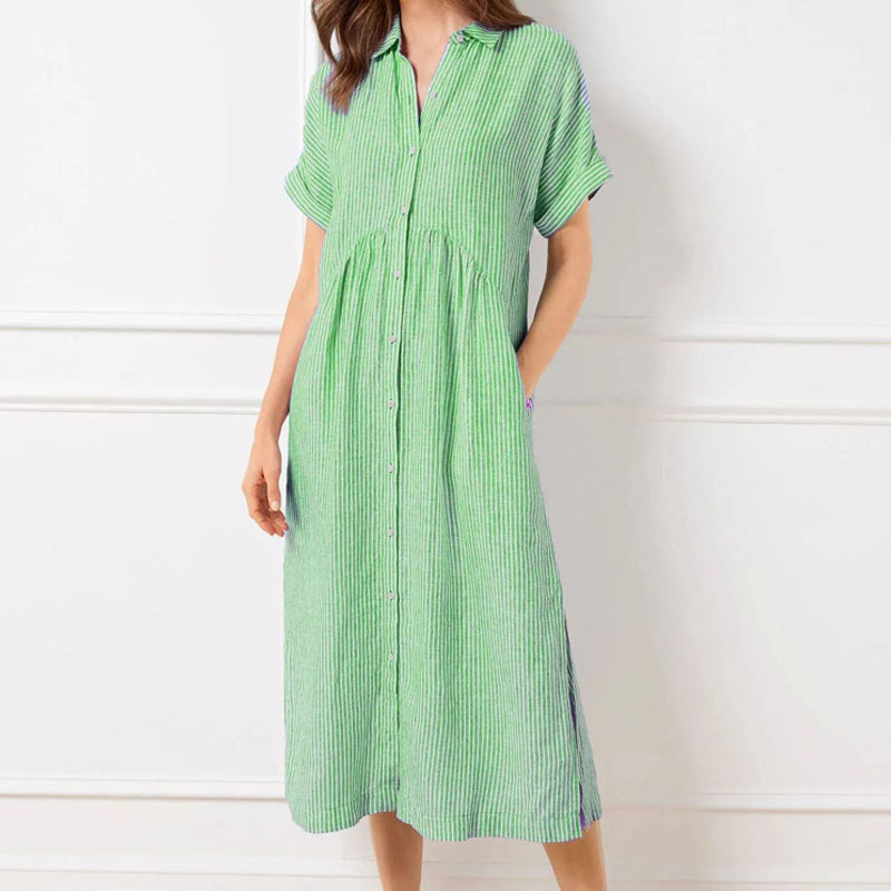 Sandy - Striped Lapel Button Down Shirt Dress