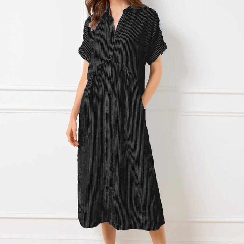 Sandy - Striped Lapel Button Down Shirt Dress