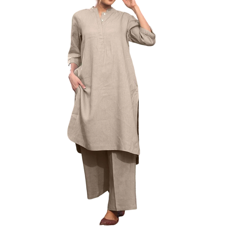 Mandarin Collar Tunic and Wide Leg Trouser Set